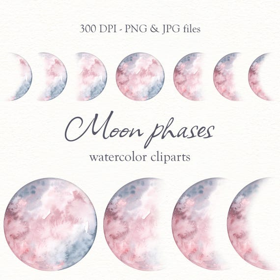 Phases de lune Aquarelle PNG - Clipart phase de lune peint à la main - Croissant lunaire, pleine lune PNG - Lune céleste Boho - Rose et Gris