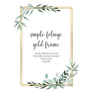 Clipart feuillage Cadre doré, Feuille d’olivier vert sauge invitation de mariage, Bordure simple botanique PNG, DIY feuillage décorations