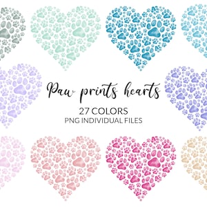 27 Coeur pattes PNG clipart, Empreinte de patte dans coeur Chien & Chat, empreinte de patte arc-en-ciel aquarelle, téléchargement instantané