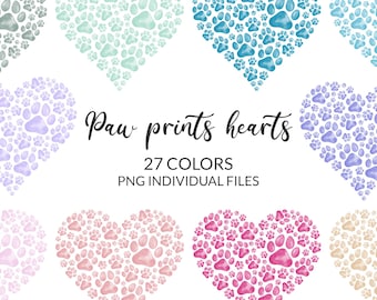 27 Patas del corazón PNG clipart, Impresión de la pata en el corazón Perro y Gato, impresión de la pata del arco iris de la acuarela, descarga instantánea