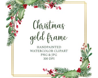 Puede incluir: Un marco rectangular dorado con vegetación navideña de acuarela en las esquinas. La vegetación incluye hojas de acebo, bayas rojas y ramas de pino. El texto "Christmas gold frame" está en el centro.