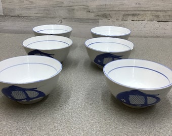 Chinese White Rice Bowl with Blue Fish 4.5” Hand Painted Porcelain set of six