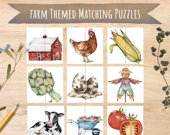 Farm Themed Matching Puzzle Printable, Montessori Learning, Preschool Educational Games, Busy Book