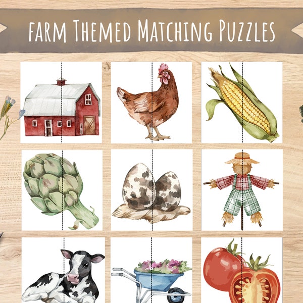 Farm Themed Matching Puzzle Printable, Montessori Learning, Preschool Educational Games, Busy Book