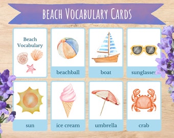 Beach Vocabulary Flash Cards, Seasonal, Homeschool Printable, Summer Activity, Toddler Learning, Beach Day