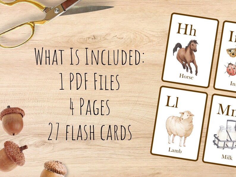 May include: A set of 27 alphabet flash cards featuring illustrations of animals and objects. The cards are printed on white paper with brown borders and feature the letters H, I, L, and M.