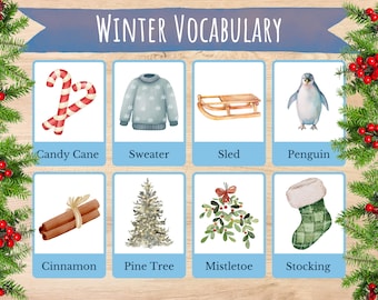 Winter Themed Flashcards, Christmas Vocabulary, Preschool, Kindergarten, Montessori, Toddler Activity, Winter Words