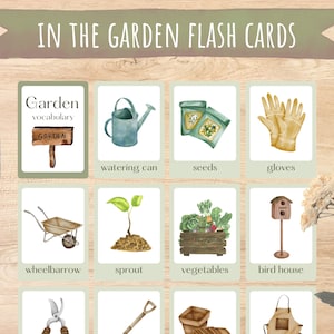 Cartões flash temáticos do jardim da primavera, no jardim, cartões montessori, cartões flash para crianças, escola em casa, estudo de unidade de jardim