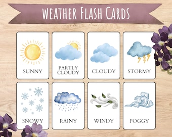 Weather Flashcards, Learn Weather, Toddlers and Preschoolers, Montessori Material, Printable Learning Activity, Homeschool