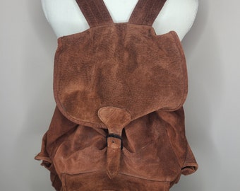 Vintage Suede Leather Backpack Handmade Rucksack 90s Boho Casual