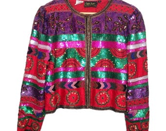 VTG années 80 100 % soie veste paillettes perles glam recadrée soirée disco taille M