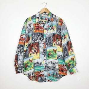 Vtg CEDARS SPORT Herr sidenskjorta M Western Cowboy Häst Novelty Print Retro