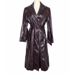 Vintage Berman's Lined Long Leather Belted Trench Coat Size 16 Burgundy Plum