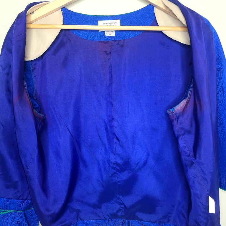 VTG Adrianna Papell Veste Blazer Femme Bleu Vert Bordure 100 % Soie 14 Retro Chic image 6