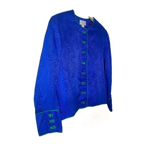 VTG Adrianna Papell Veste Blazer Femme Bleu Vert Bordure 100 % Soie 14 Retro Chic image 3