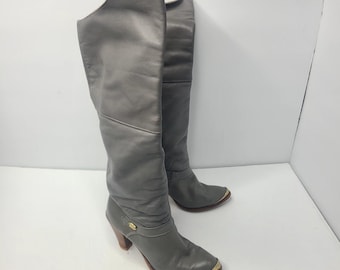 Vtg Dingo Grey Leather Cuff Wooden Stacked Heel Boho Womens 7.5 Boots Mid Calf