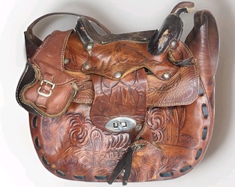 vintage sac de selle sac à main en cuir repoussé étriers thème cheval Mexique