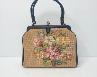 Vtg Soure Bag New York Needlepoint Floral Handbag Purse Cottagecore Farmhouse
