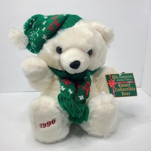 Vtg KMART Teddy Bear Christmas Stuffed Animal 16"  1996 Plush Green Scarf Hat