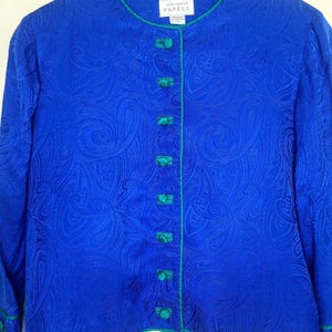 VTG Adrianna Papell Veste Blazer Femme Bleu Vert Bordure 100 % Soie 14 Retro Chic image 2