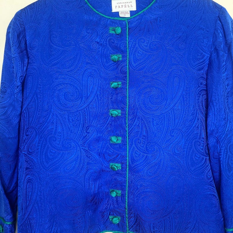 VTG Adrianna Papell Veste Blazer Femme Bleu Vert Bordure 100 % Soie 14 Retro Chic image 2