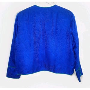 VTG Adrianna Papell Veste Blazer Femme Bleu Vert Bordure 100 % Soie 14 Retro Chic image 4