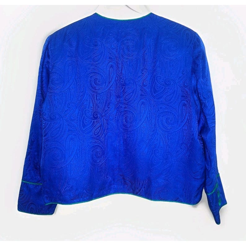 VTG Adrianna Papell Veste Blazer Femme Bleu Vert Bordure 100 % Soie 14 Retro Chic image 4