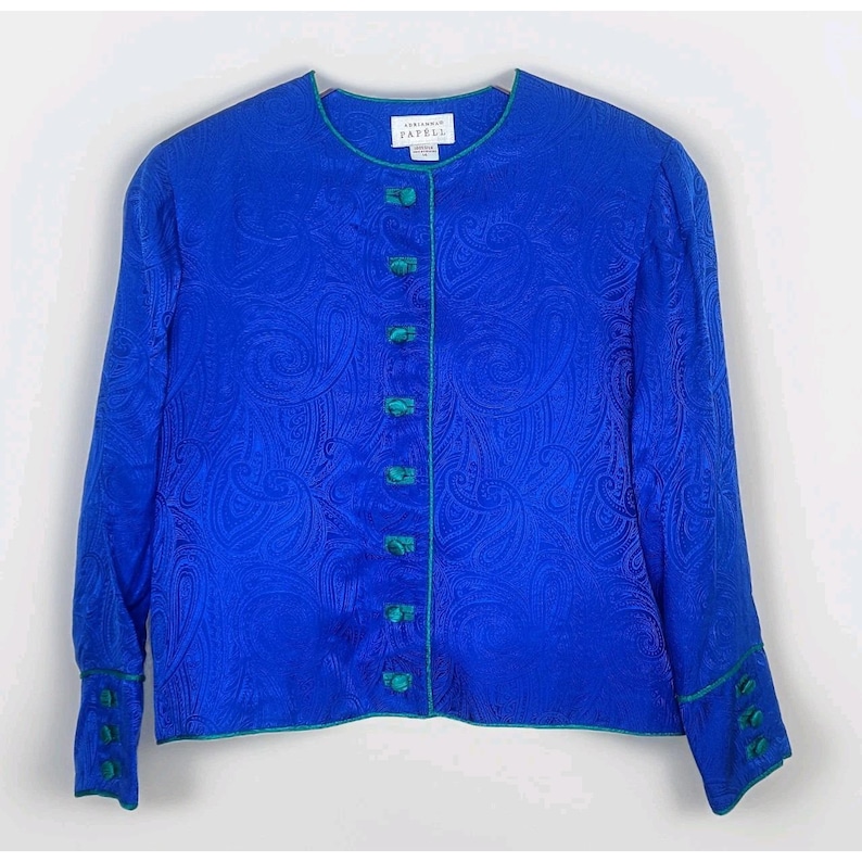 VTG Adrianna Papell Veste Blazer Femme Bleu Vert Bordure 100 % Soie 14 Retro Chic image 1