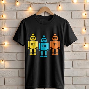 May include: Black t-shirt with a design of three robots in yellow, blue, and orange. Each robot has a number: 01, 10, and 11. The t-shirt is hanging on a wooden hanger against a brick wall.