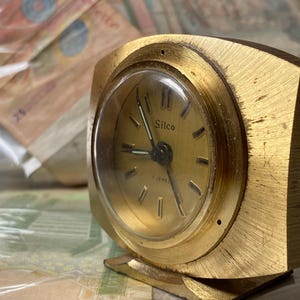 Retro Silco Brass Desk Clock, NOT WORKING,  Mid-Century Gold Tone  7 Jewels - Vintage Decor, desk clock, Vintage clock, brass clock