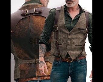 Bretelles en cuir faites à la main pour hommes, style steampunk, style steampunk, bretelles en H avec boucle en métal, cadeau pour lui en cuir marron