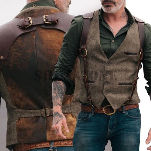 Bretelles en cuir faites à la main pour hommes, style steampunk, style steampunk, bretelles en H avec boucle en métal, cadeau pour lui en cuir marron