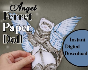 FERRET ANGEL Paper Doll-Instant Digital Download-Articulated Paper Doll-Jointed-Sable-Printable-Fantasy Crafts-Moveable Ferret Art Print