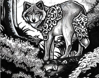 Wolf Print, Nature Spirit, Native Print, Fantasy, Gothic, Ink Drawing, Gothic Print, Wall Art, Home Decor, Forest, Fairycore, Goblincore