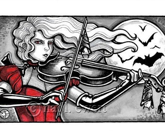 Vampire Music ORIGINAL Ink Drawing, Gothic, Gifts, Home Decor, Wall Decor, Halloween, Horror, Dracula, Bats, Violin