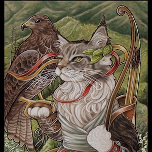 MaineCoon Cat Print Customs/Personal Artful Gift/Cat Person Art/Artemis Goddesses Print/Naturalism Birding/Fairycore/Personalized Hawking