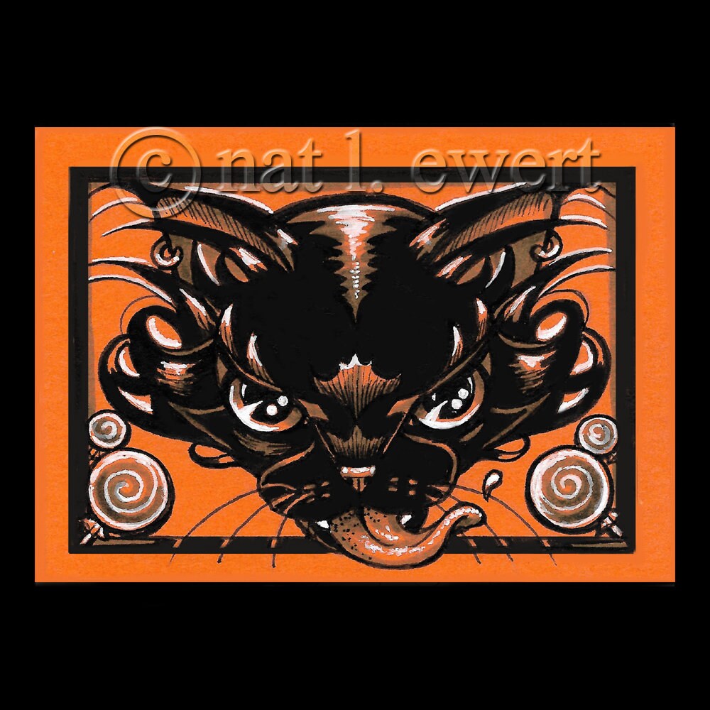 Black Cat ORIGINAL Halloween Drawing Small Art Mini Art | Etsy