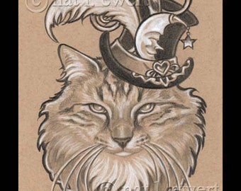 Cat In Hat #2 Print, CUSTOMIZABLE, Steampunk, PERSONALIZED, Moon, Victorian, Wall Art, Home Decor, Art Nouveau, Gothic, Vintage Style