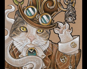 Steampunk Cat Print, Striped Cat, Tea Party, Victorian, Wall Art, Home Decor, Cat Art, Animal Art