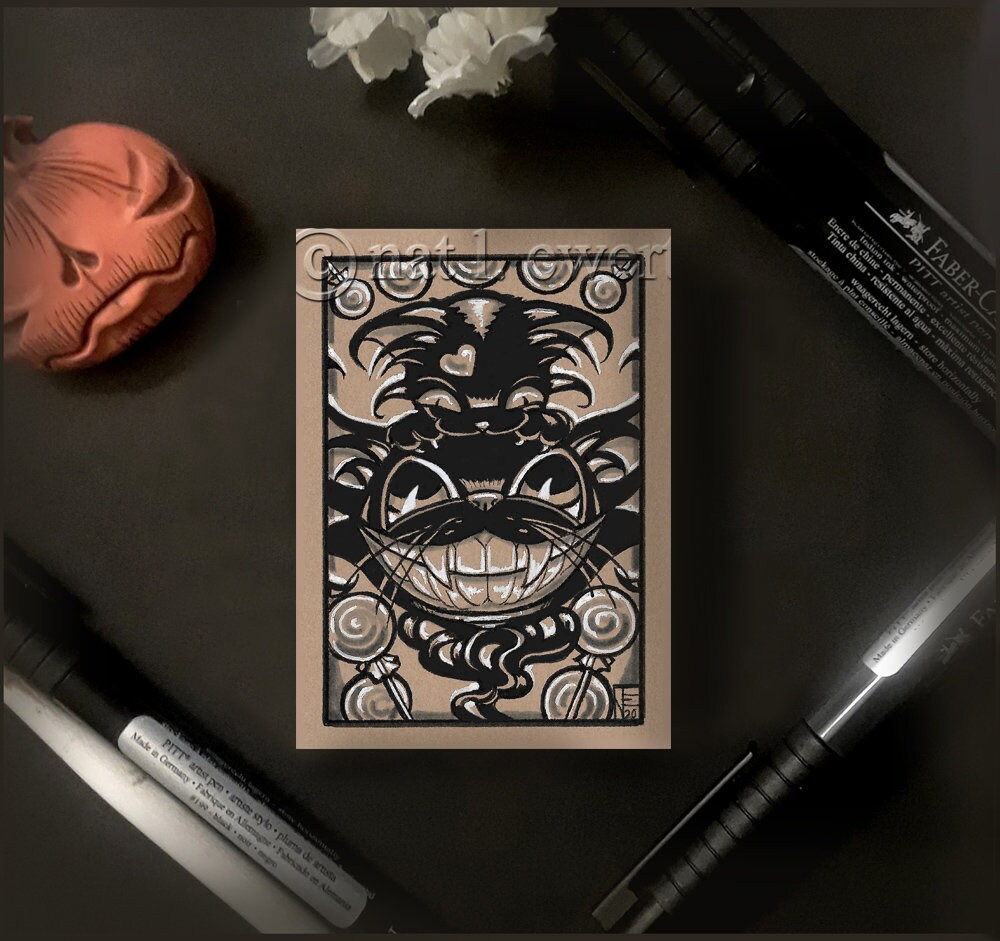 Halloween ORIGINAL Drawing Black Cat Kitten Small Art Mini | Etsy