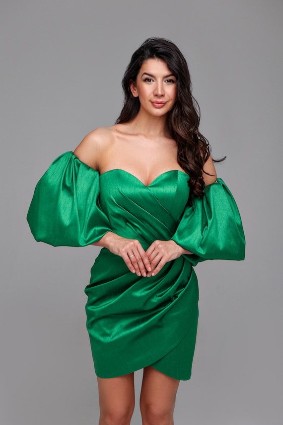 green party mini dress Green Satin Mini Dress with Puffy Sleeves & Strapless Sweetheart Neckline