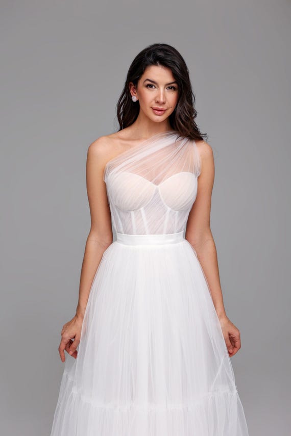 Tulle Corset Midi Wedding Dress, One Shoulder Reception Gown - Etsy Tulle Corset Midi Wedding Dress, One Shoulder Reception Gown - Etsy