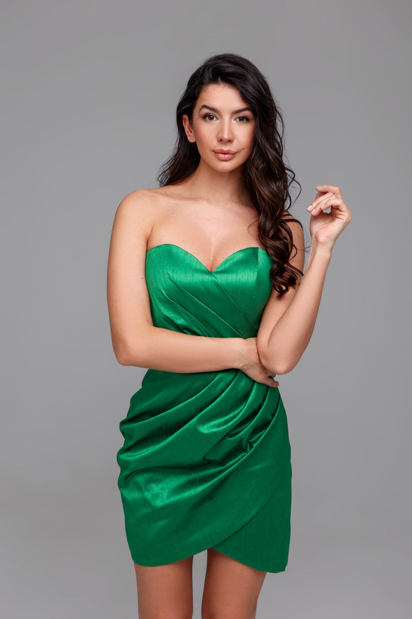 Green Satin Mini Dress, Puffy Sleeves, Strapless Sweetheart Neckline
