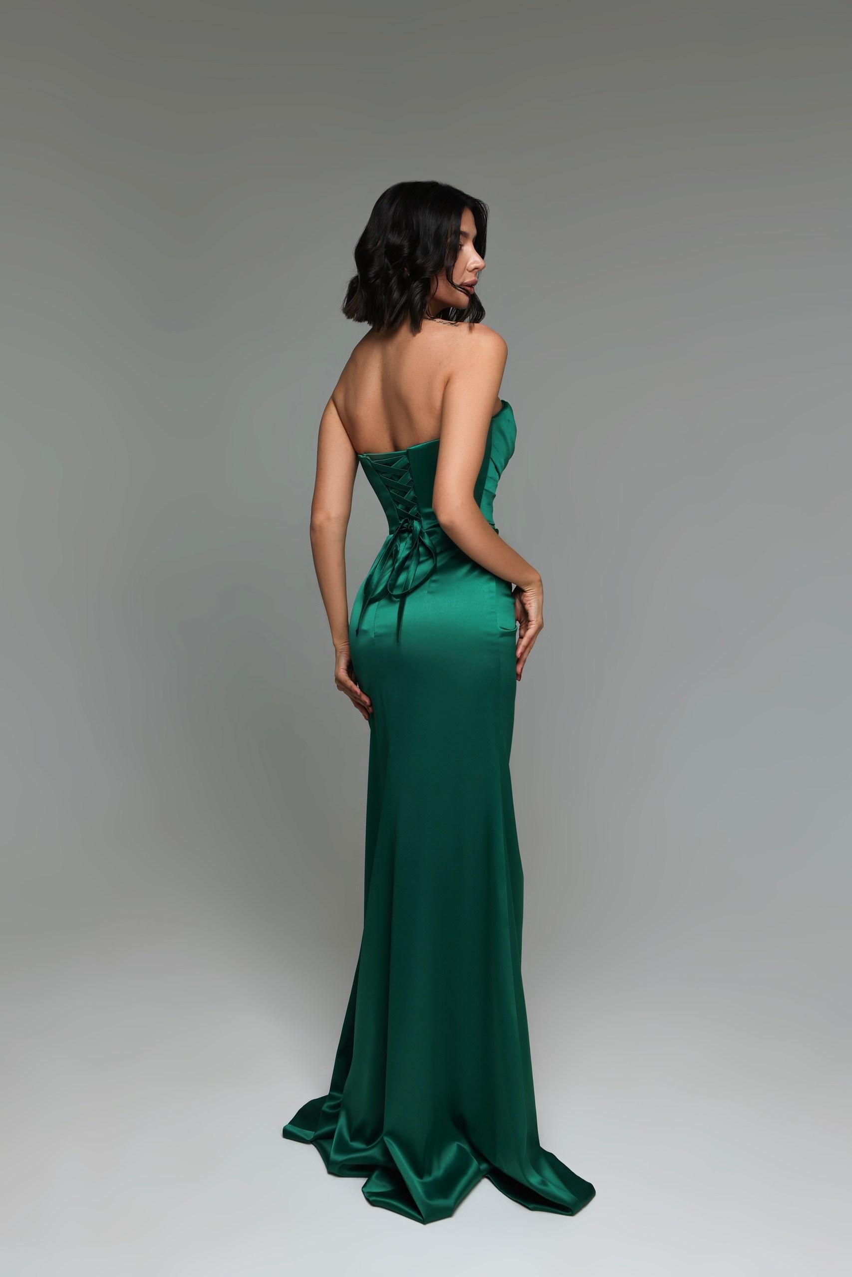 green strapless corset prom dress Zapaka Women Metallic Dark Green Long Prom Dress Strapless Mermaid Corset Party Dress with Slit, Dark Green / US8