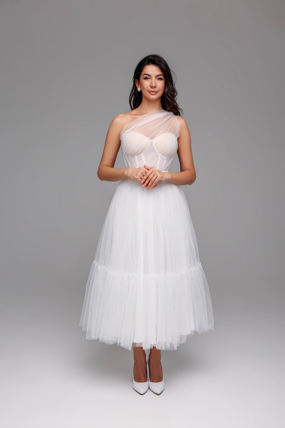 strapless corset tulle midi dress in white One Shoulder Tulle Corset Midi Wedding Dress: Alternative Bridal Fairy Gown, Deep V Back