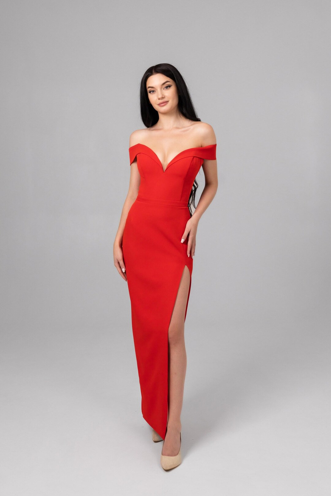 Personalised Prom Robe Custom Red Off-shoulder Prom Dress With Slit - Personalized Formal ...