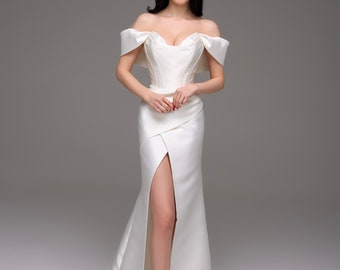Elegante korsettrouwjurk, off-shoulder mouwen, gedrapeerde rok, veters