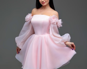 Effie Rosa Mini-Hochzeitskleid, Schulterbrautkleid, Korsett-Minikleid, Romantisches Hochzeitskleid
