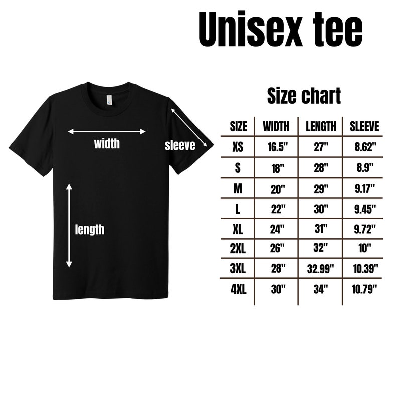 Puede incluir: Una tabla de tallas para una camiseta unisex. La tabla muestra la talla, el ancho, la longitud y la longitud de la manga en pulgadas para las tallas XS a 4XL.