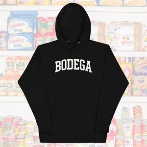 Sudadera con capucha Bodega, ropa de calle negra, estilo urbano, sudadera con gráfico moderno, atuendo unisex de hip hop, regalo para él o ella
